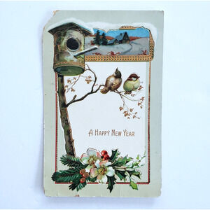 Antique Holiday Postcard New Year Birds Flowers Farm Snow Vintage Germany 1900s